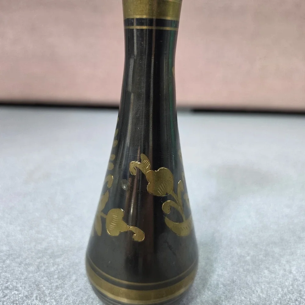 Vintage Brass Bud Vase Home Decor Small Black Etched Floral‎